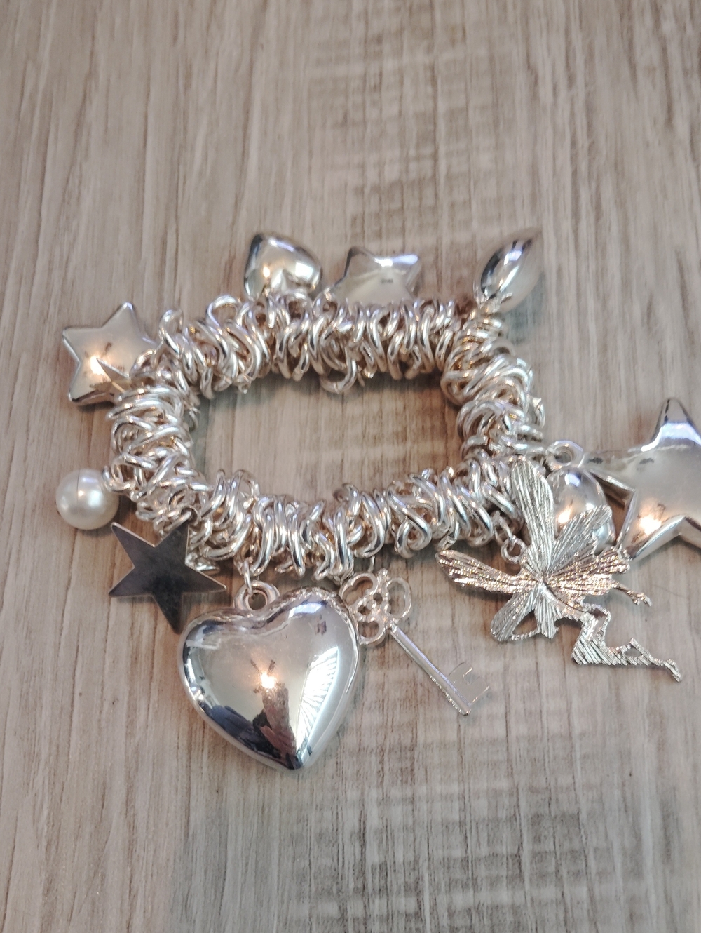 Silver Heart & Star Charm Bracelet with Pearl Accent